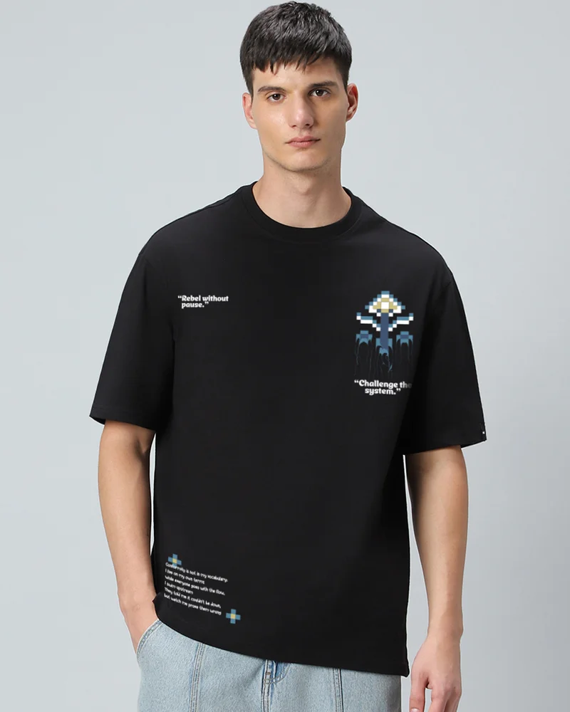 بيواكوف Men's Jet Black Break Norms Graphic Printed Oversized T-shirt